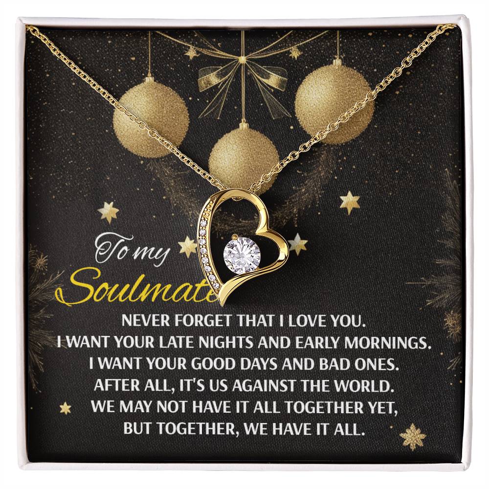The Soulmate-Have It All - Forever Love Necklace includes a heart-shaped pendant with a stunning CZ crystal center. Offered in either white gold or yellow gold finish, it is presented on a decorative card featuring a heartfelt message.