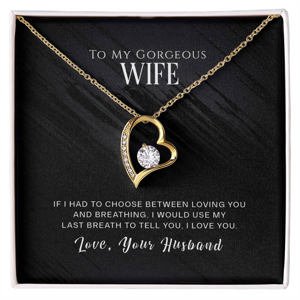 A To My Wife, I Love You - Forever Love Necklace, heart-shaped pendant necklace with an inscription for a wife from her husband, presented in a gift box by ShineOn Fulfillment.