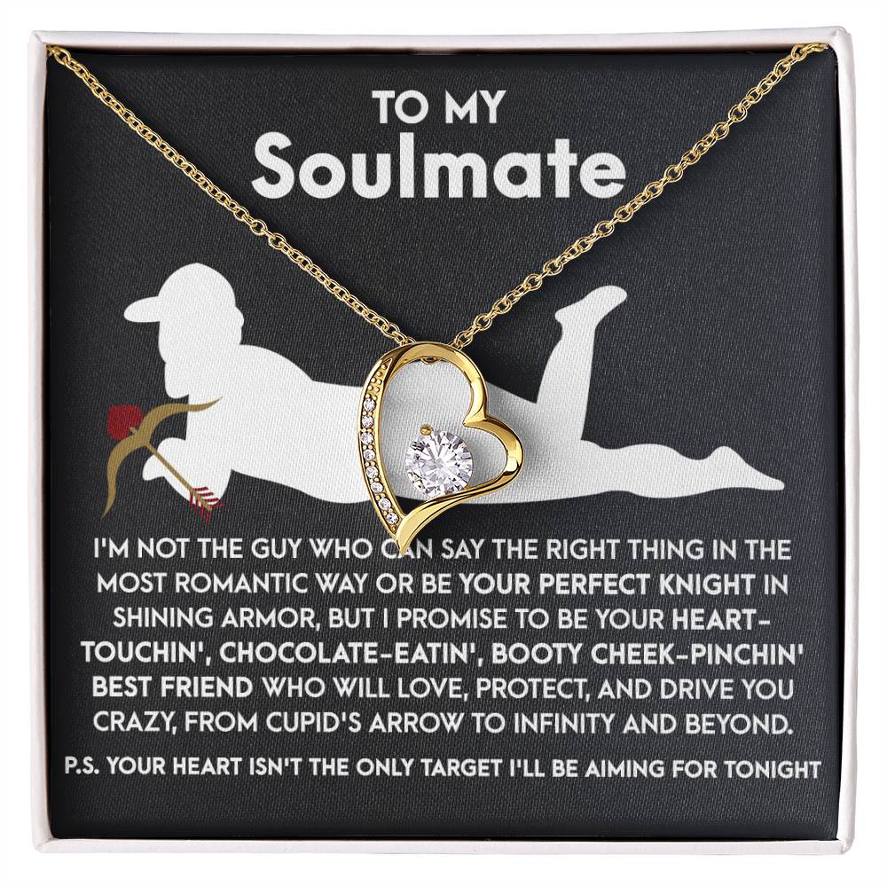Introducing the Soulmate-Cupid's Arrow - Forever Love Necklace, a heart-shaped piece with a central CZ crystal, elegantly crafted in white gold finish. It rests on a card featuring a romantic message and the silhouette of a rose-holding figure.