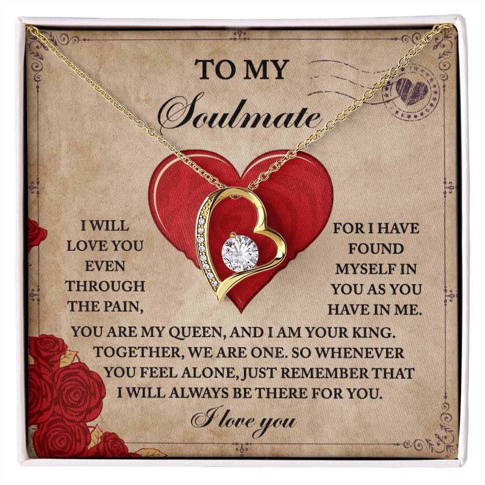 The Soulmate-Found Myself - Forever Love Necklace showcases a heart-shaped pendant with a sparkling cubic zirconia, finished in gold. It is beautifully displayed on a card with romantic text and red rose designs.