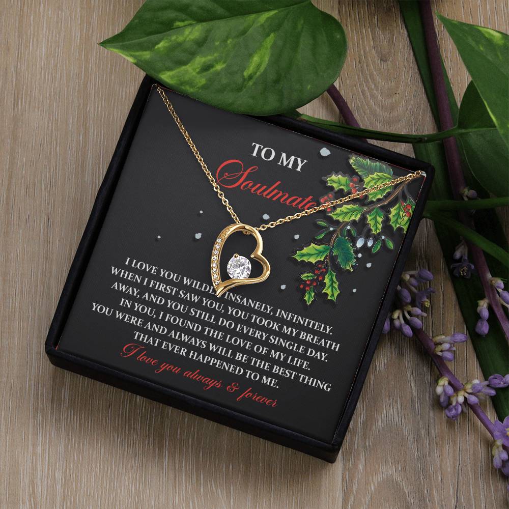 The Soulmate-You Still Do - Forever Love Necklace, featuring a heart design with a diamond pendant, is elegantly presented in a box surrounded by holly and leaves. It includes a romantic message for your soulmate, offering a personalized gift that captures the essence of your bond.