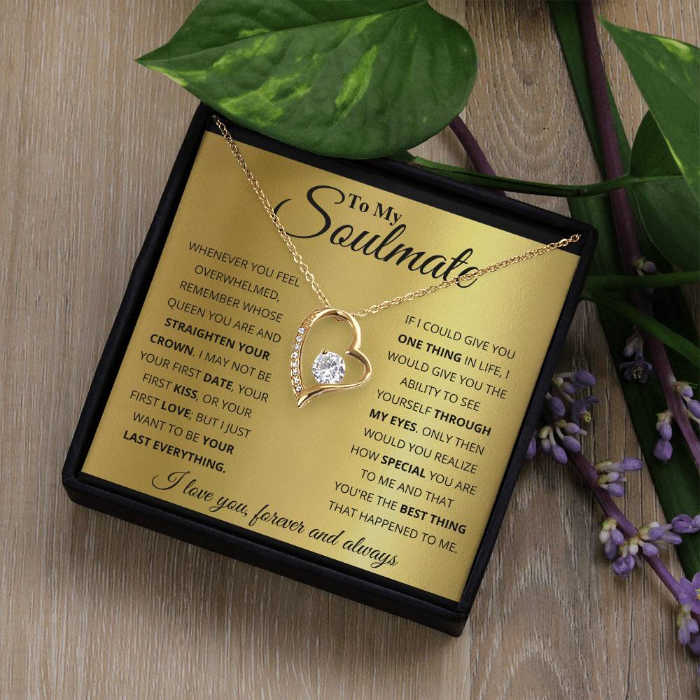 A To My Soulmate, You_re The BEst Thing That Happened To Me - Forever Love Necklace with a heart-shaped pendant featuring a cubic zirconia stone inside a gift box, featuring a romantic message to a soulmate from ShineOn Fulfillment.