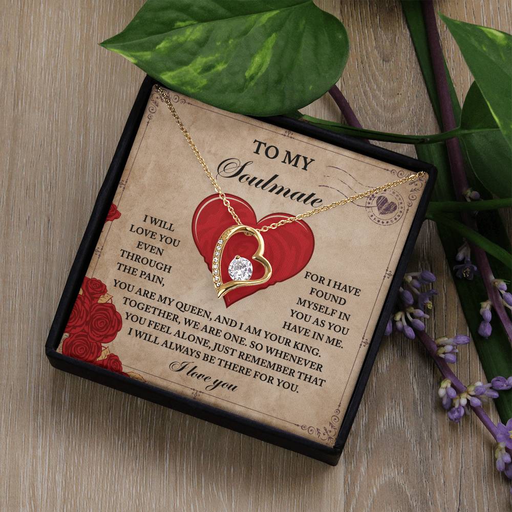 The Soulmate-Found Myself - Forever Love Necklace has a heart and diamond pendant with a gold finish on a "To My Soulmate" card with a romantic message. In a box adorned with leaf decorations, its cubic zirconia sparkle makes it perfect for your eternal partner.