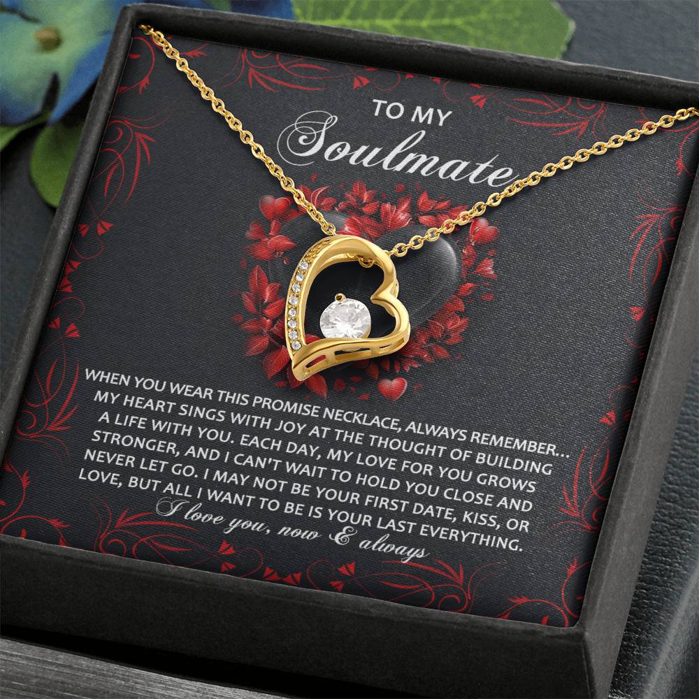 The Soulmate-Hold You Close - Forever Love Necklace includes a heart-shaped gold pendant with a central cubic zirconia, presented in a box with a romantic message to the soulmate on the inside cover.