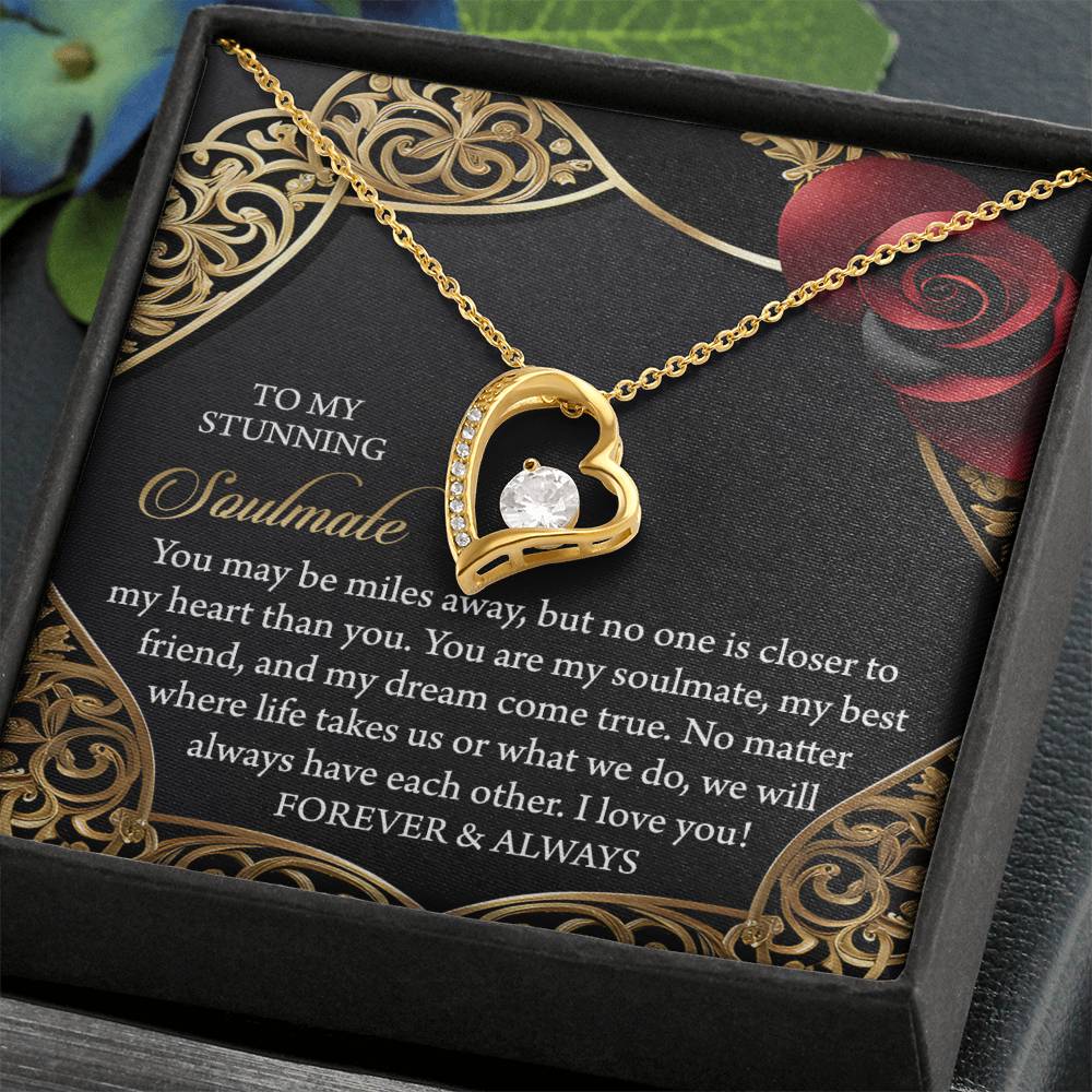 The Soulmate-Have Each Other - Forever Love Necklace features a heart-shaped pendant with a stunning cubic zirconia stone, beautifully arranged over a sentimental message for your soulmate, all in an ornate box.
