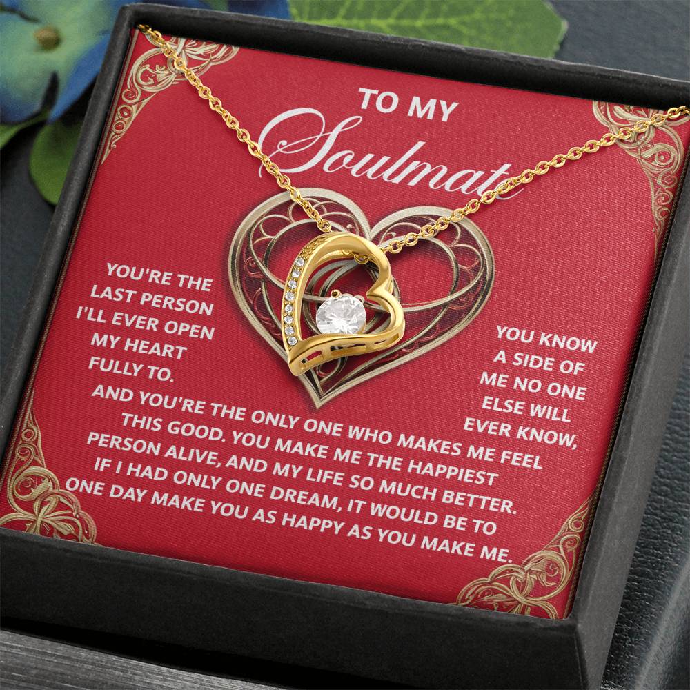 Soulmate-The Only One - Forever Love Necklace: A gold heart-shaped piece featuring a central CZ crystal, beautifully showcased on a red card with the romantic message titled "To My Soulmate.