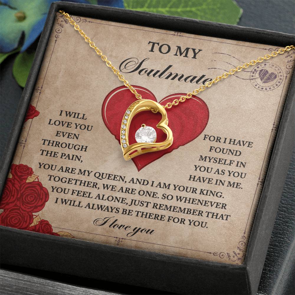 The Soulmate-Found Myself - Forever Love Necklace features a gold finish heart-shaped pendant with dazzling cubic zirconia. It's elegantly boxed with a romantic message card, adding the perfect touch to this exquisite piece.