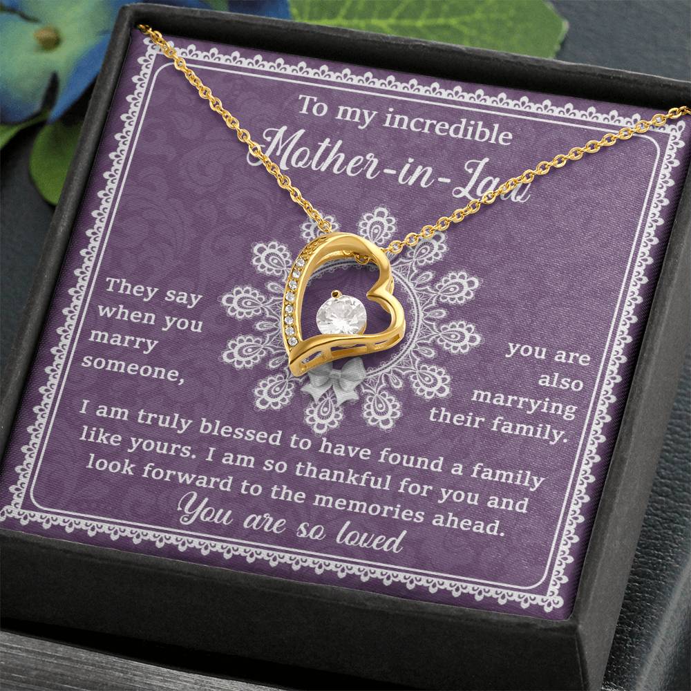 Introducing the "To Mother-In-Law, Family Like Yours - Forever Love Necklace," featuring a stunning heart shape and elegant 14k white gold finish. Presented in a gift box with a heartfelt message, this necklace is the perfect unique gift to show your affection to your mother-in-law.
