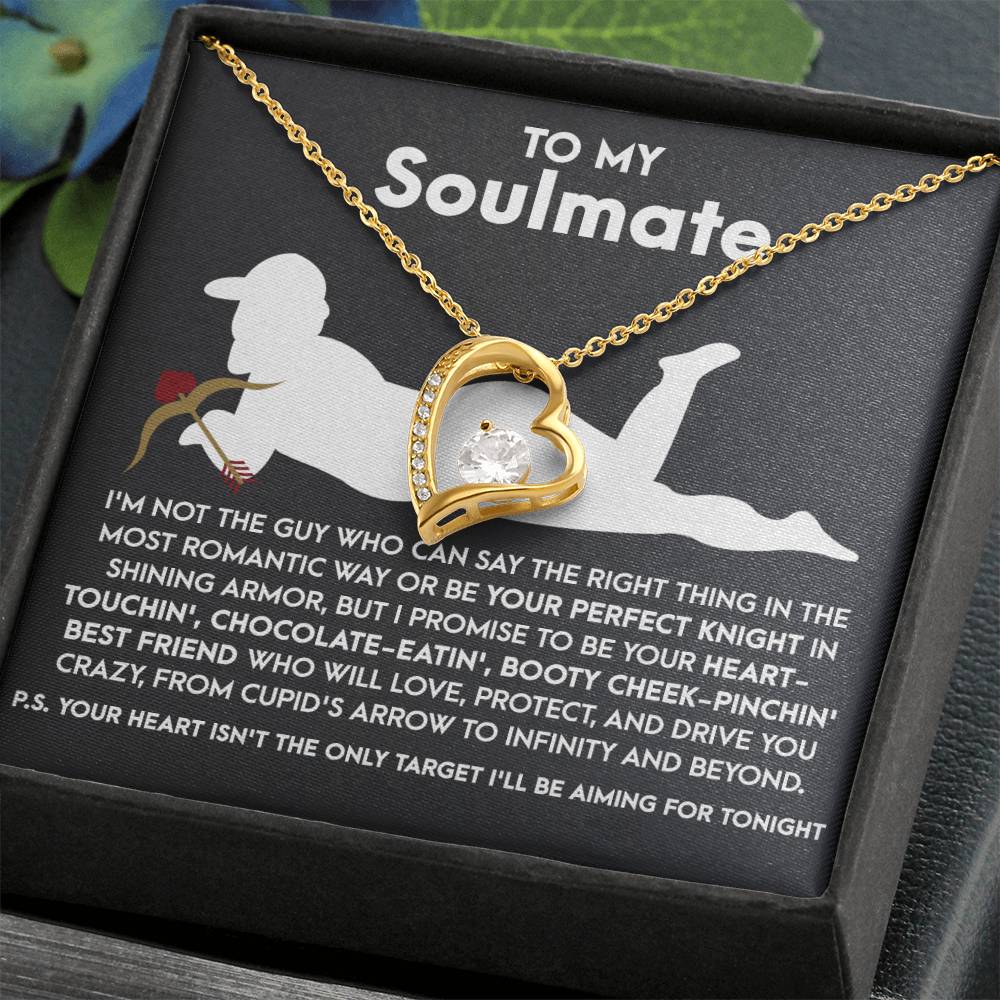 The Soulmate-Cupid's Arrow - Forever Love Necklace features a gold heart pendant with a CZ crystal in an elegant black gift box. Its silhouette background and message capture love and devotion, creating an unforgettable token of affection.