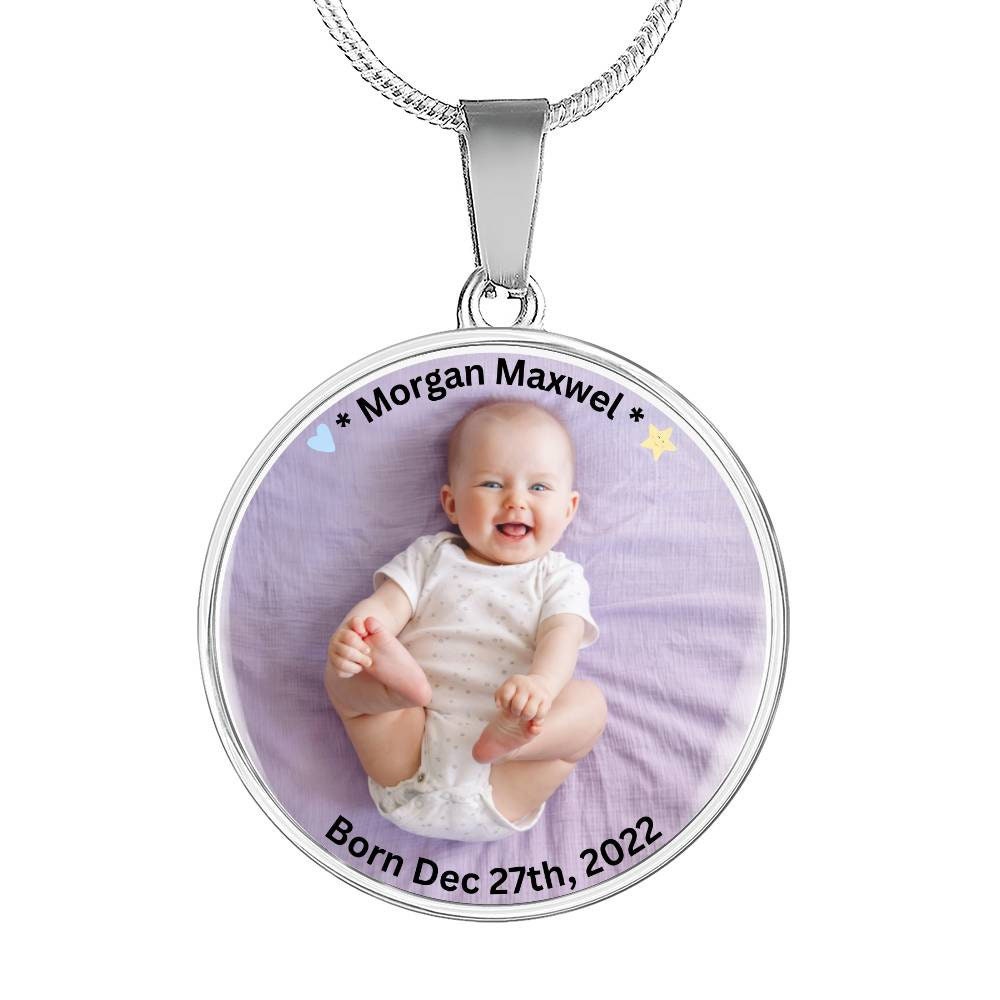 Capture precious memories with this custom photo necklace featuring a round pendant of a smiling baby in a white onesie against a purple background, personalized with "Morgan Maxwell, Born Dec 27th, 2022." This beautiful jewelry piece is the perfect gift for new moms.
