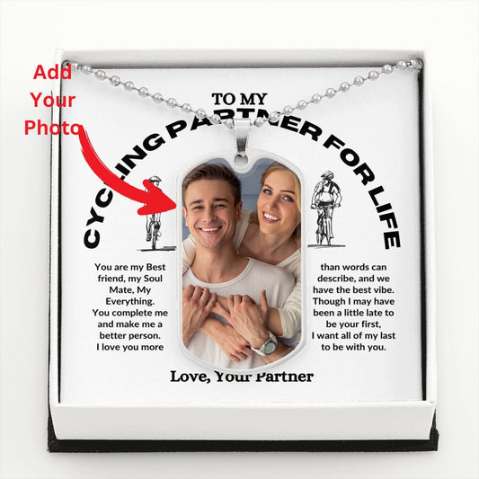 Customizable necklace packaging featuring a heartfelt message and a Custom Photo Pendant Dog Tag Necklace With Message Card to cycling partner for life, designed as an anniversary gift for a cycling partner.