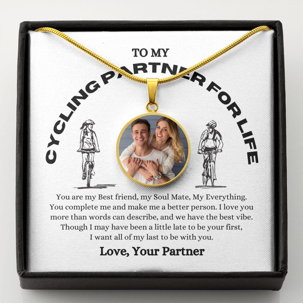 The Custom Photo Pendant Necklace, featuring a couple's photo on a round pendant and coming in a box that reads "Cycling Partner for Life" with two bicycle illustrations, makes an ideal gift for your wife or soulmate who loves cycling.