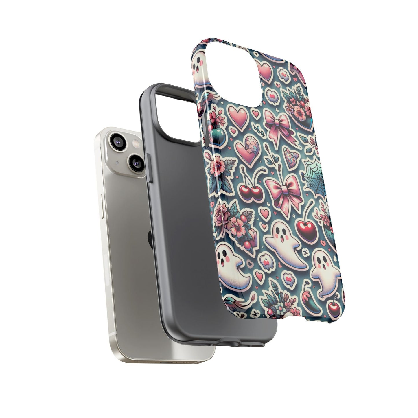 The smartphone cases are creatively displayed: one plain white phone, a simple gray case, and the Cute Coquette Halloween Phone Case, featuring designs such as ghosts, hearts, cherries, and bows. This vibrant option is perfect for adopting the soft girl aesthetic this Halloween.