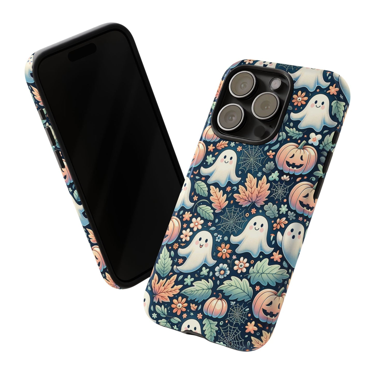 Two smartphones feature festive Halloween cases decorated with ghosts, pumpkins, and autumn leaves. One phone displays its screen while the other highlights a "Happy Halloween Cute Ghost And Pumpkin Phone Case," perfect for iPhone 15, 14, 13 Pro as well as Samsung Galaxy and Pixel users celebrating the spooky season.