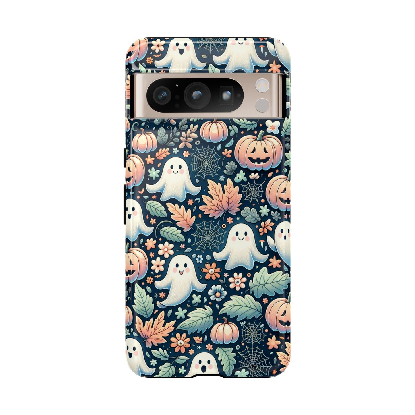 The Happy Halloween Cute Ghost And Pumpkin Phone Case features an enchanting Halloween theme with delightful ghosts, pumpkins, flowers, and leaves on a dark backdrop.