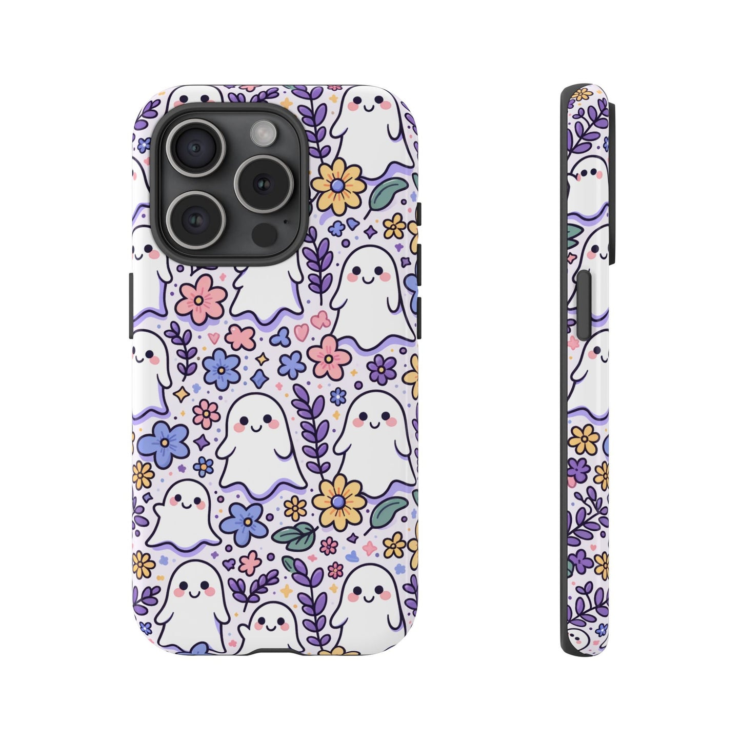 Front view and side view of an iphone 15 Pro Phone Case featuring the cute ghost illustrations with smiling eyes and rosy cheeks interspersed with pastel-colored flowers and foliage, creating a delightful visual treat.
