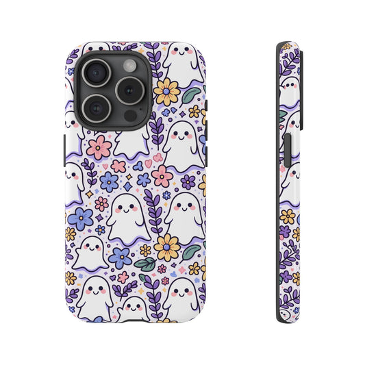 Front view and side view of an iphone 15 Pro Phone Case featuring the cute ghost illustrations with smiling eyes and rosy cheeks interspersed with pastel-colored flowers and foliage, creating a delightful visual treat.