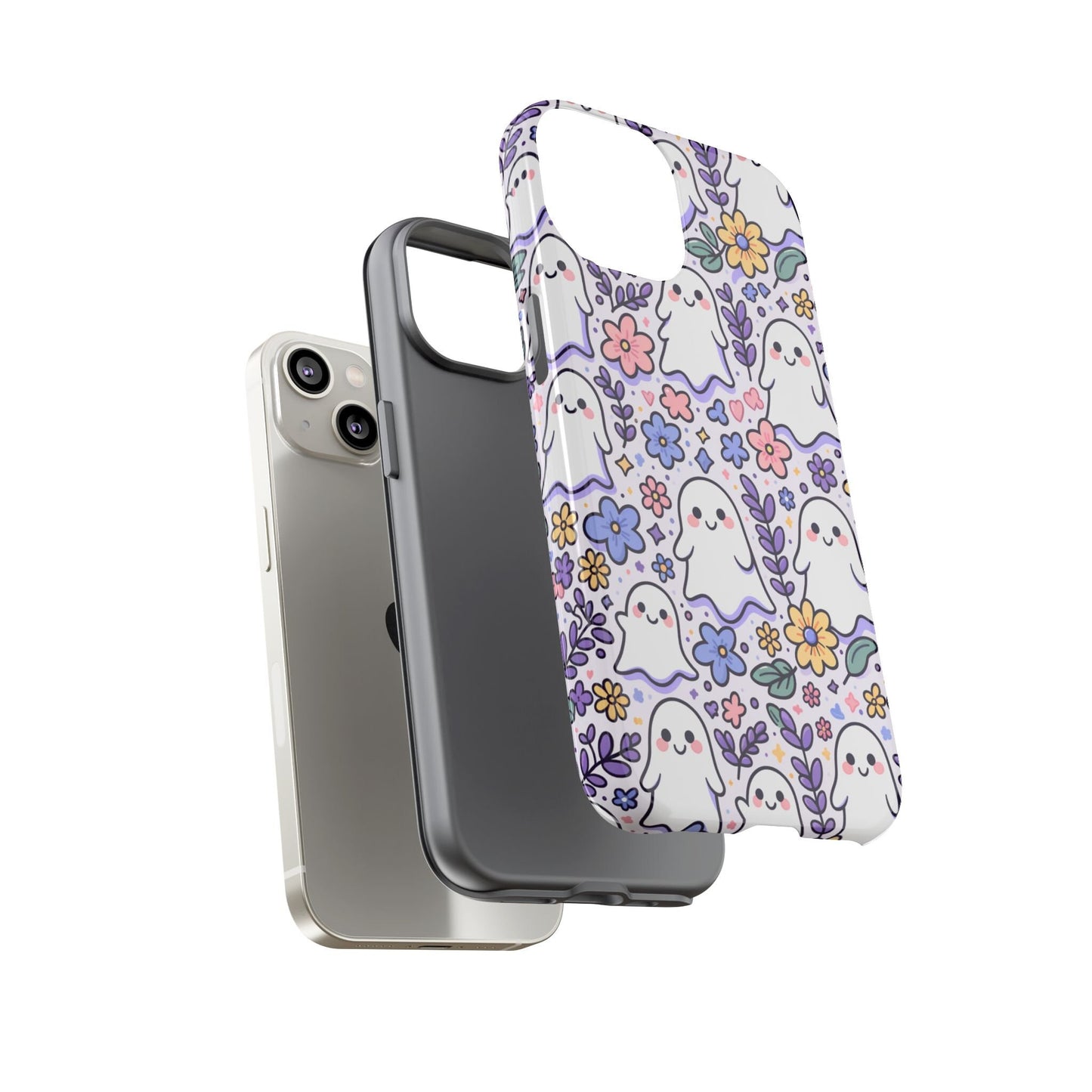 Three iPhone cases are displayed: the first is plain gray, the second is translucent, and the third is a "Cute Ghosts and Flowers Phone Case," which features adorable ghost designs with floral patterns, making it perfect for Halloween enthusiasts.