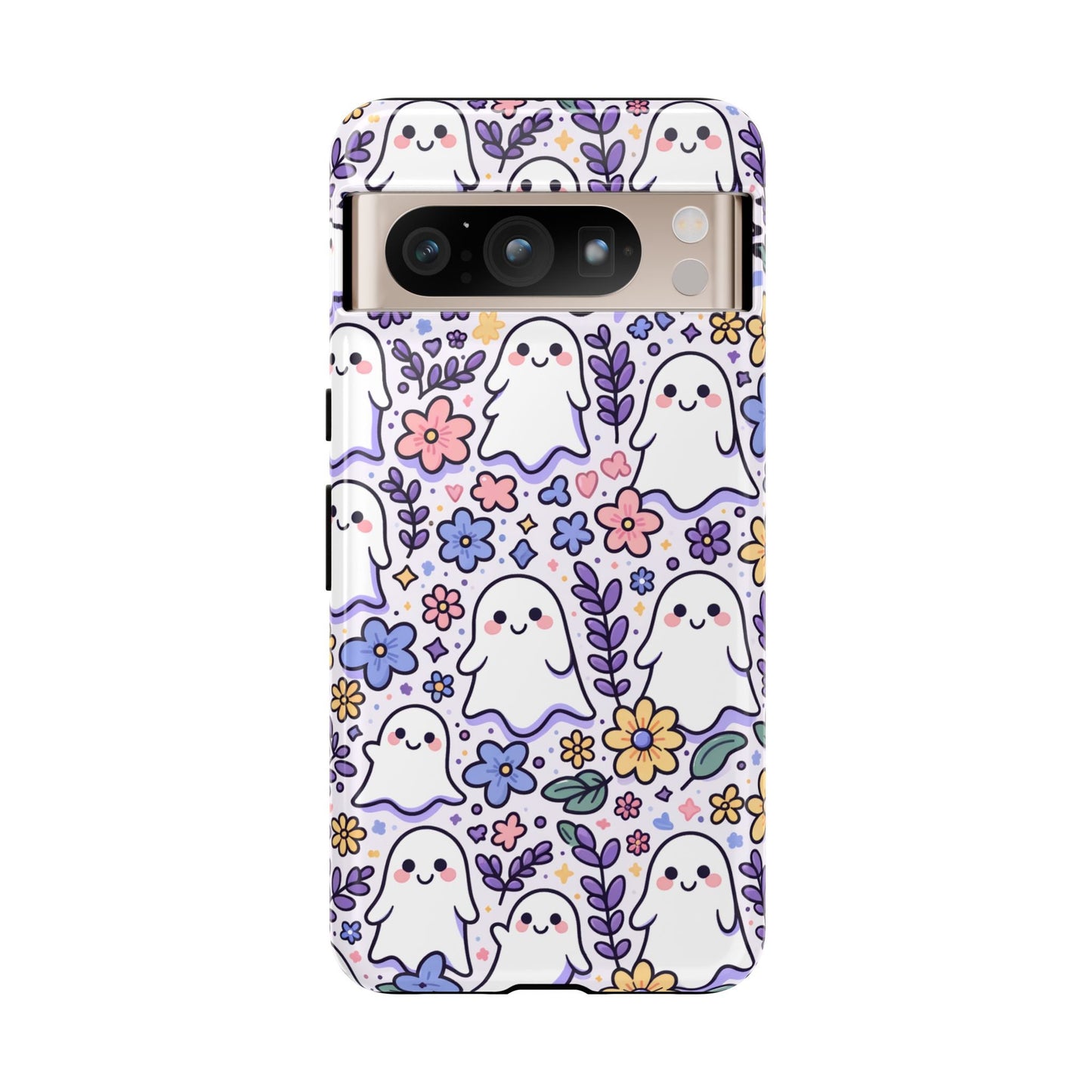 Enhance your device with the Cute Ghosts And Flowers Phone Case, showcasing charming ghost illustrations enveloped by vibrant flowers and leaves. It's the ideal accessory to complement your Halloween attire or to infuse a hint of playfulness anytime!