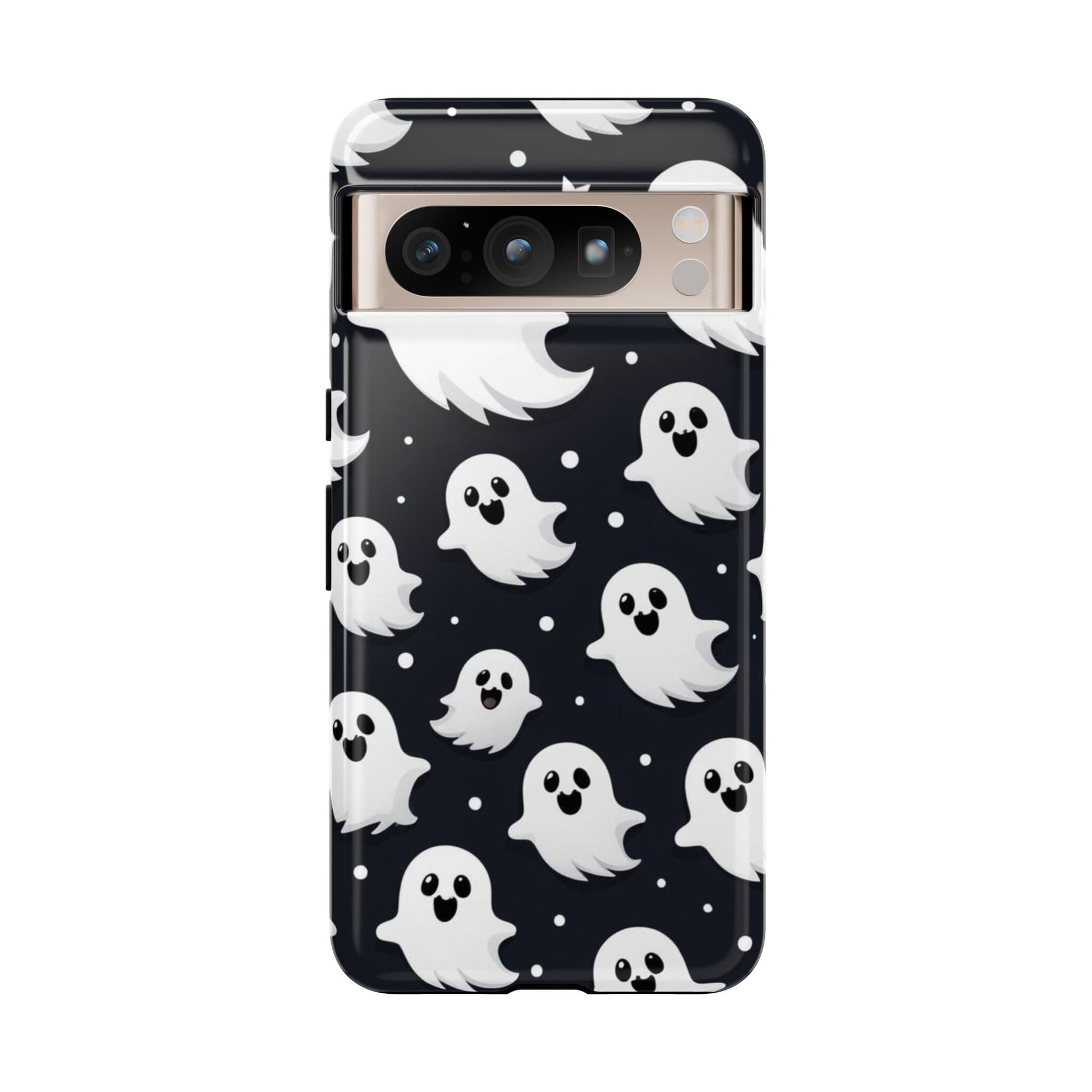 The Cute Little Ghosts Phone Case, ideal as a Happy Halloween gift for any Halloween lover, features a black background with charming white cartoon ghosts. It’s not only fashionable but also provides strong protection for your iPhone 15, 14, 13, Samsung Galaxy, or Pixel device, keeping it safe and festive all season.