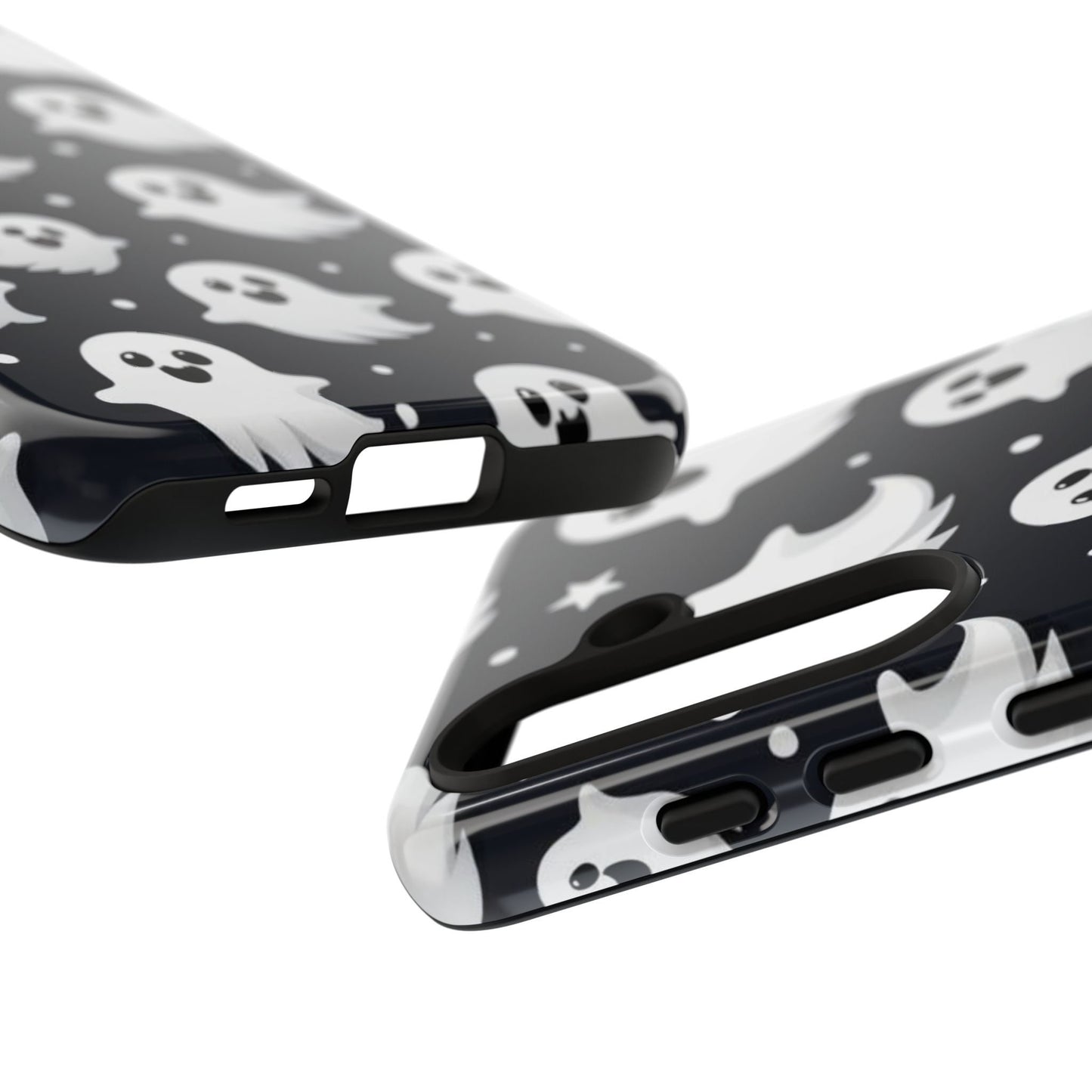 Showcase of the Cute Little Ghosts Phone Case featuring charming ghost and star patterns from various perspectives. This protective case is an ideal Halloween gift for fans of the spooky season and is compatible with iPhone 15, 14, 13, Samsung Galaxy, and Pixel models.