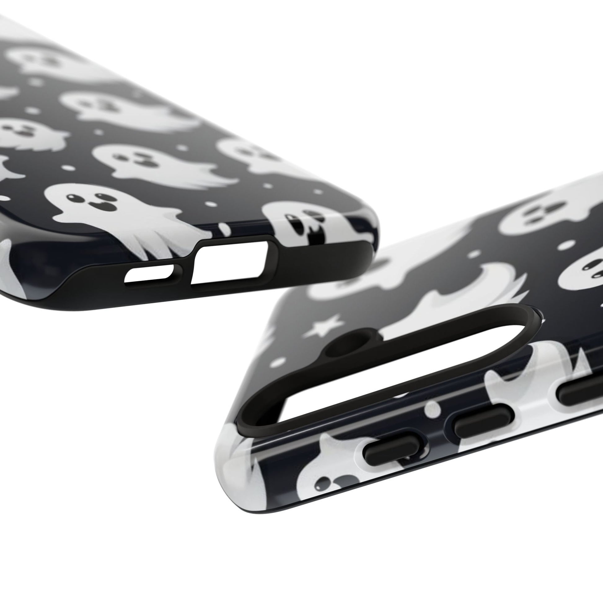 Showcase of the Cute Little Ghosts Phone Case featuring charming ghost and star patterns from various perspectives. This protective case is an ideal Halloween gift for fans of the spooky season and is compatible with iPhone 15, 14, 13, Samsung Galaxy, and Pixel models.