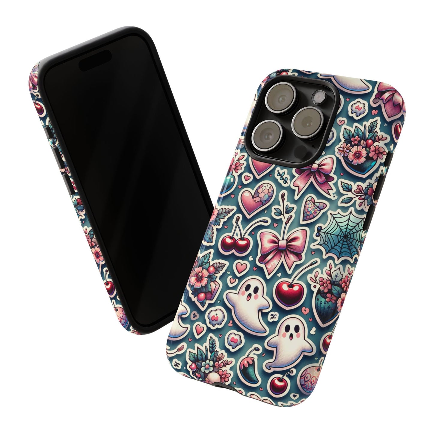 The Cute Coquette Halloween Phone Case combines floral and ghost-themed designs, merging the coquette style with Halloween allure and featuring hearts, cherries, and spiderwebs for an irresistibly cute appearance. Available for iPhone 15, 14, and 13 Pro, as well as Samsung Galaxy and Pixel devices.