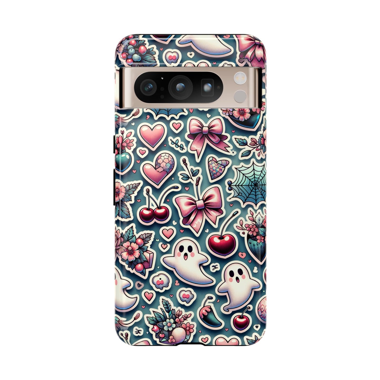 The Cute Coquette Halloween Phone Case, designed for iPhone 15, 14, 13 Pro, Samsung Galaxy, and Pixel devices, showcases playful elements such as ghosts, hearts, cherries, bows, and webs on a teal background to embody the coquette aesthetic.