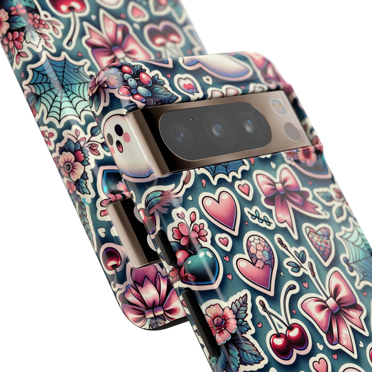 A smartphone encased in a Cute Coquette Halloween Phone Case, designed for a Dark Coquette Girly Halloween look, features a soft girl aesthetic with vibrant images of hearts, flowers, cherries, and bows, highlighting the camera area.