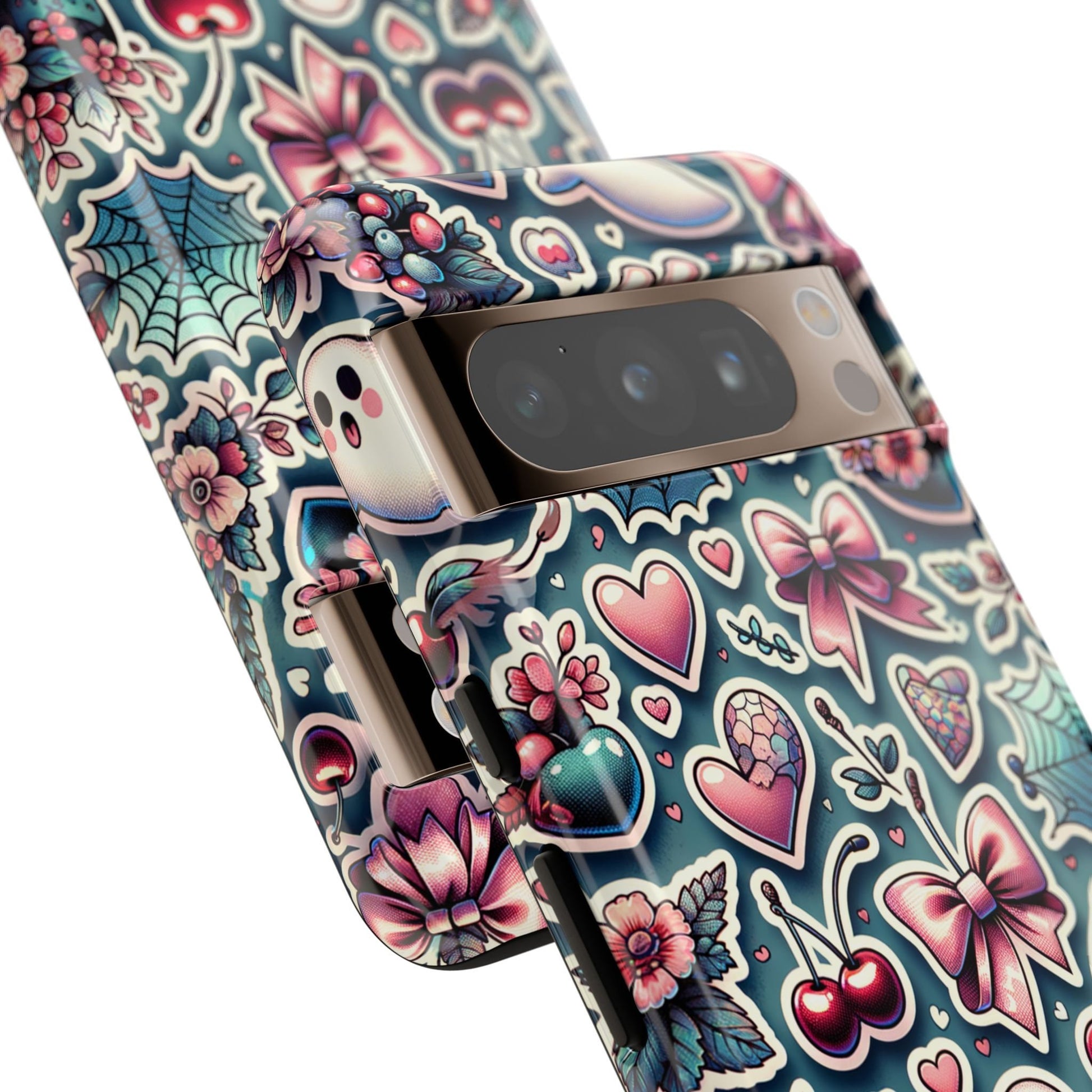 A smartphone encased in a Cute Coquette Halloween Phone Case, designed for a Dark Coquette Girly Halloween look, features a soft girl aesthetic with vibrant images of hearts, flowers, cherries, and bows, highlighting the camera area.