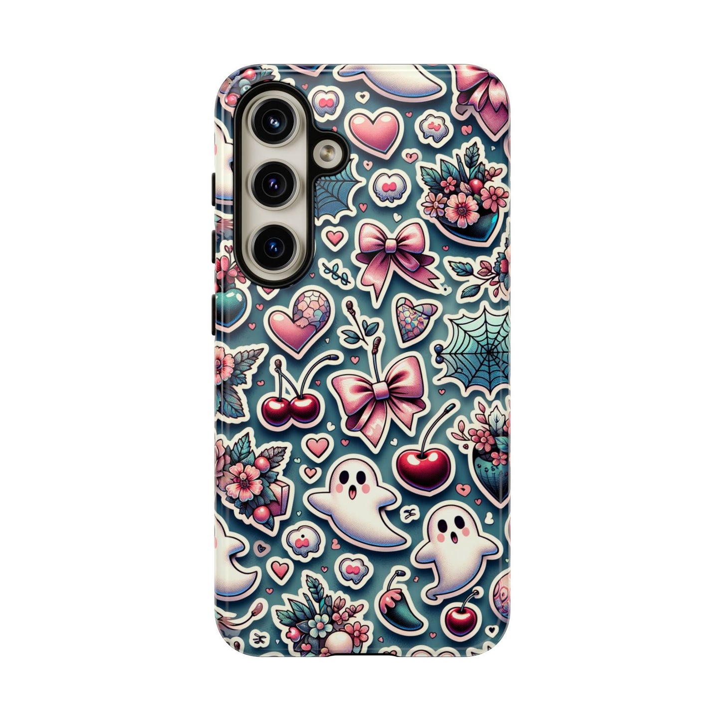 Enhance your style with a hint of coquette charm using the Dark Coquette Girly Halloween Phone Case. This case features a vibrant pattern of ghosts, cherries, bows, flowers, and hearts against a light backdrop, seamlessly merging whimsy with the beloved soft girl aesthetic.