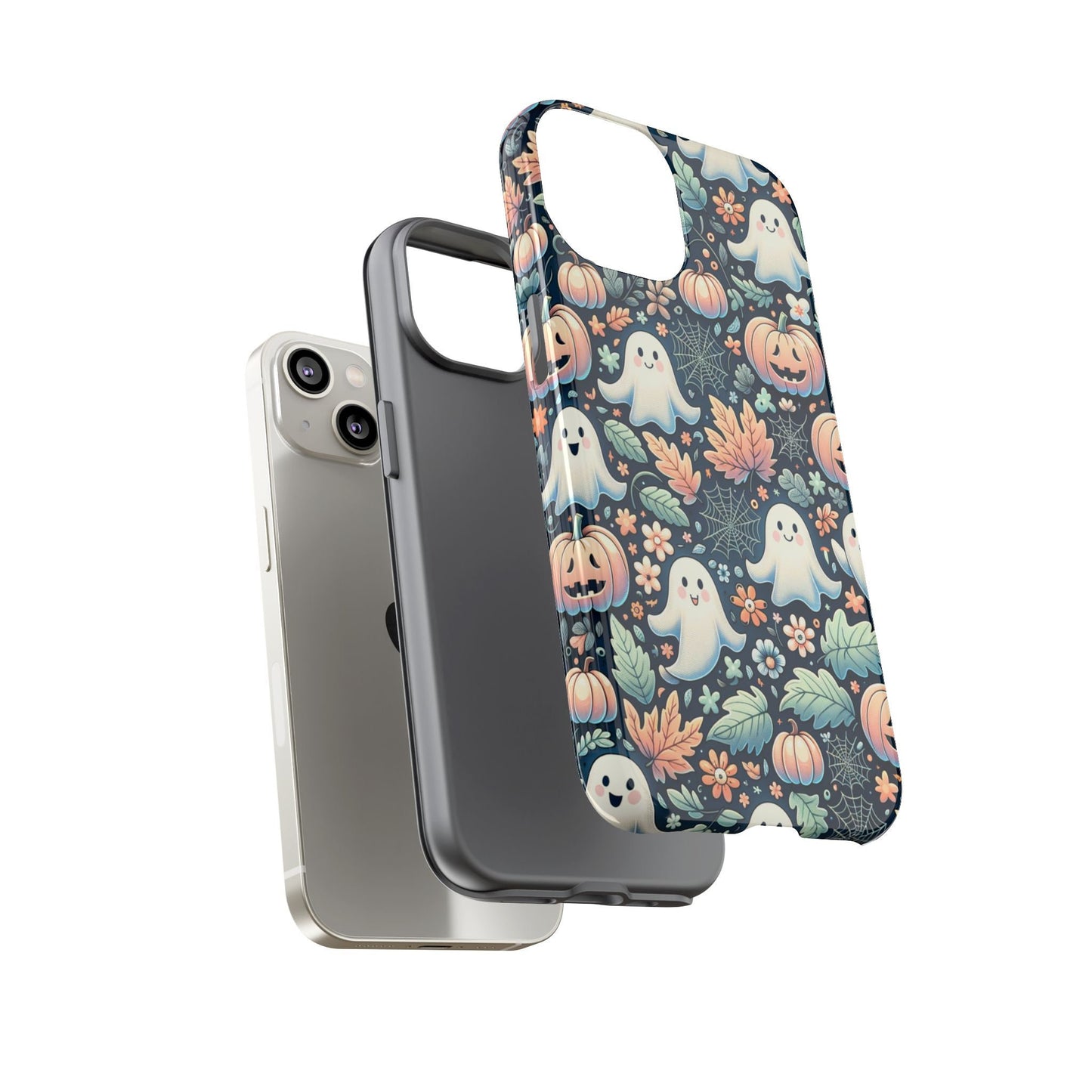 Three phone cases, including the "Happy Halloween Cute Ghost And Pumpkin Phone Case" designed for iPhone 15, 14, 13 Pro, Samsung Galaxy, and Pixel—perfect for Halloween lovers during the spooky season—are displayed next to a smartphone.