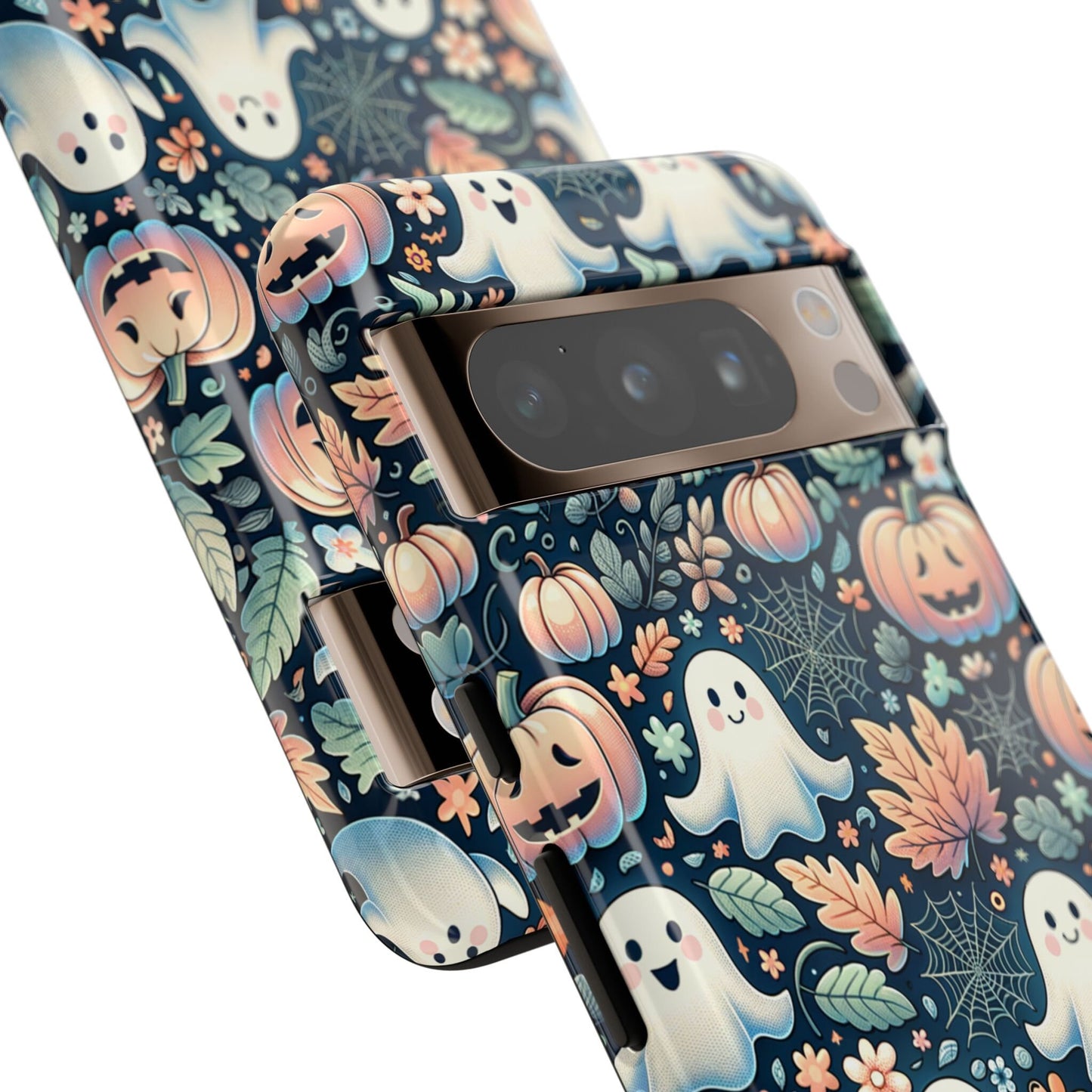 Two smartphones showcase the "Happy Halloween Cute Ghost and Pumpkin Phone Case," featuring a delightful blend of ghosts, pumpkins, leaves, and spider webs against a dark backdrop. Perfect for iPhone 15, 14, 13 Pro, Samsung Galaxy, or Pixel users who love the spooky season.
