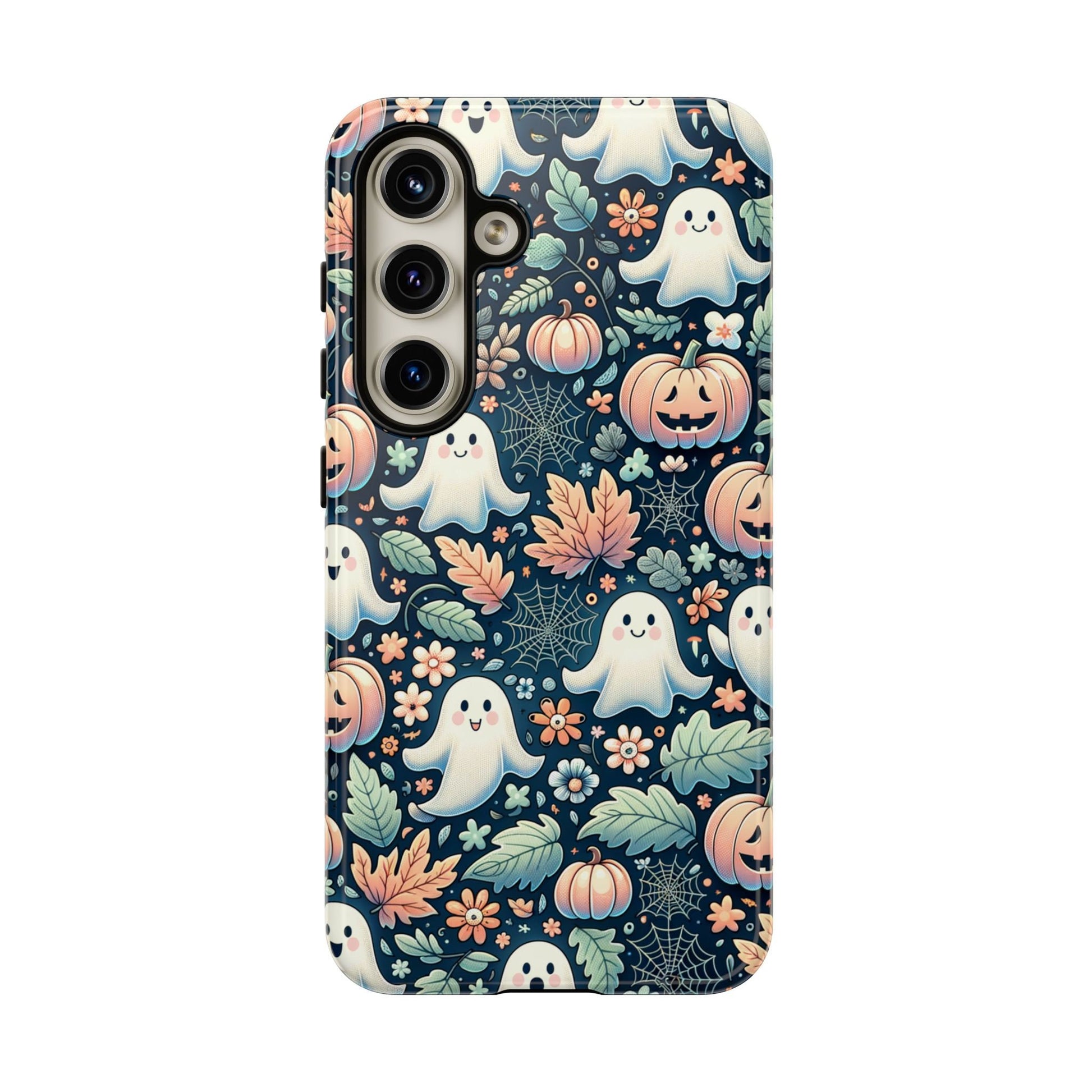 Discover the Happy Halloween Cute Ghost and Pumpkin Phone Case, a perfect gift for Halloween lovers featuring delightful ghosts, pumpkins, and autumn leaves on a dark background. Compatible with iPhone 15, 14, 13 Pro, Samsung Galaxy, and Pixel.