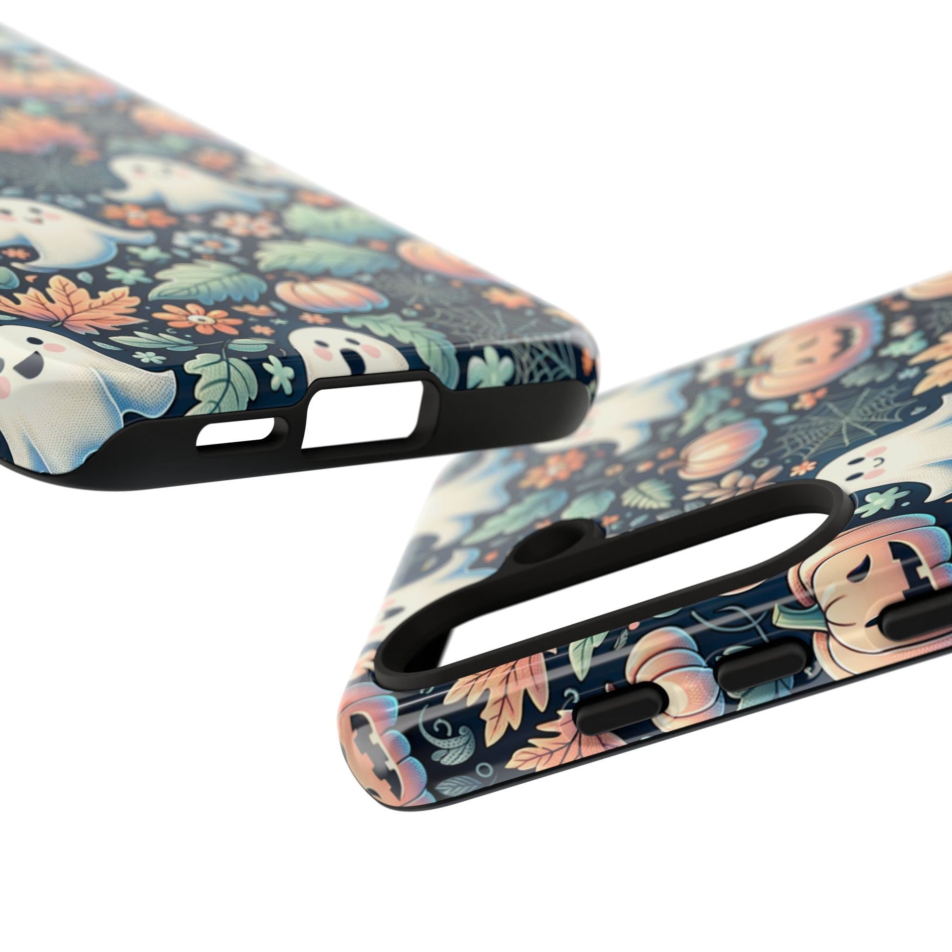 Two Happy Halloween Cute Ghost And Pumpkin Phone Cases featuring a playful, autumnal design with pumpkins and leaves. Perfect for iPhone 15, 14, 13 Pro, Samsung Galaxy, or Pixel as a gift for Halloween enthusiasts.
