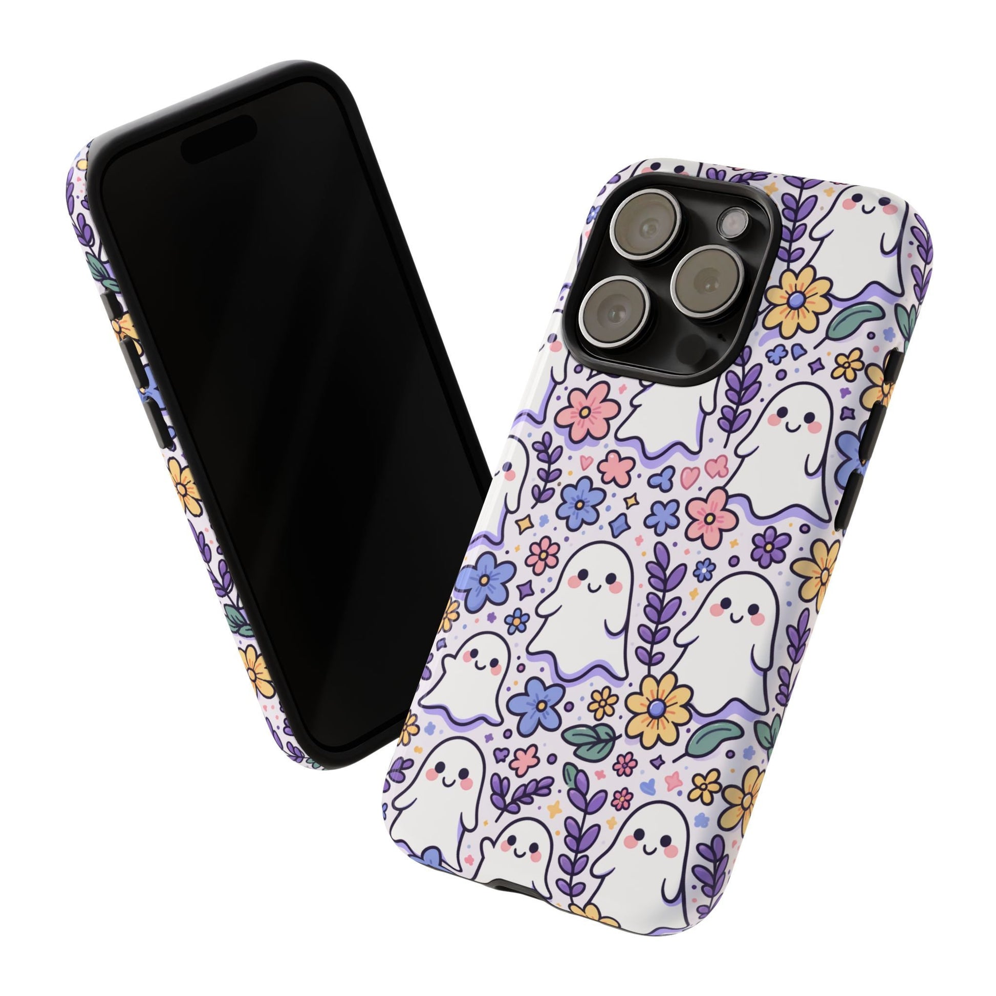 The perfect cute ghost phone case is the "Cute Ghosts And Flowers Phone Case," designed for iPhone 15, 14, 13, Samsung Galaxy, and Pixel; it features cheerful ghost and floral patterns that make a great Happy Halloween gift for any Halloween lover.