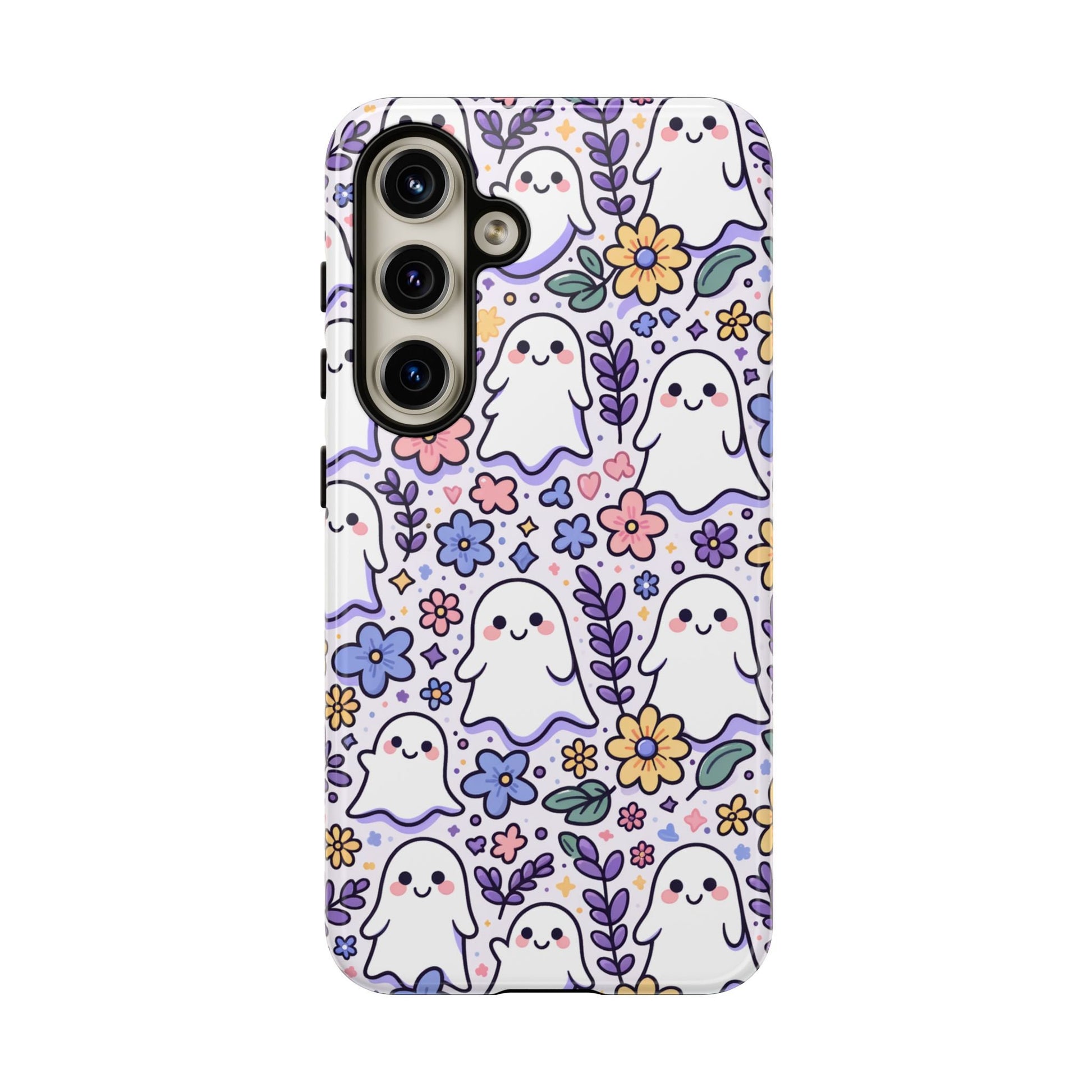 This Cute Ghosts And Flowers Phone Case showcases a delightful design of smiling cartoon ghosts amidst colorful flowers and leaves on a white backdrop, making it an ideal Halloween accessory for your phone.