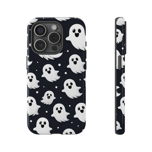Front view and side view of an iphone 15 Pro Phone Case featuring playful cute little ghosts floating on a dark black background. Each ghost showcases unique facial expressions- bringing a whimsical charm to your phone.