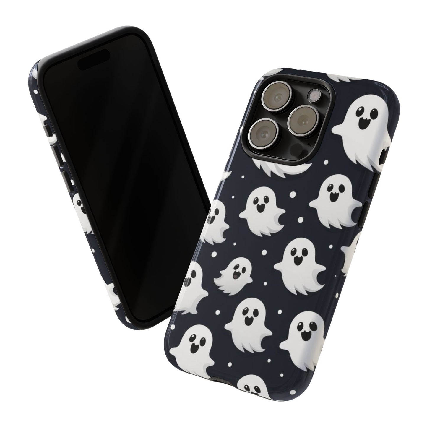 Two smartphones in Cute Little Ghosts Phone Cases, featuring a playful pattern of cute ghosts on a black background, showcasing both front and back. These protective cases are the perfect Halloween gift for those who love playful designs.