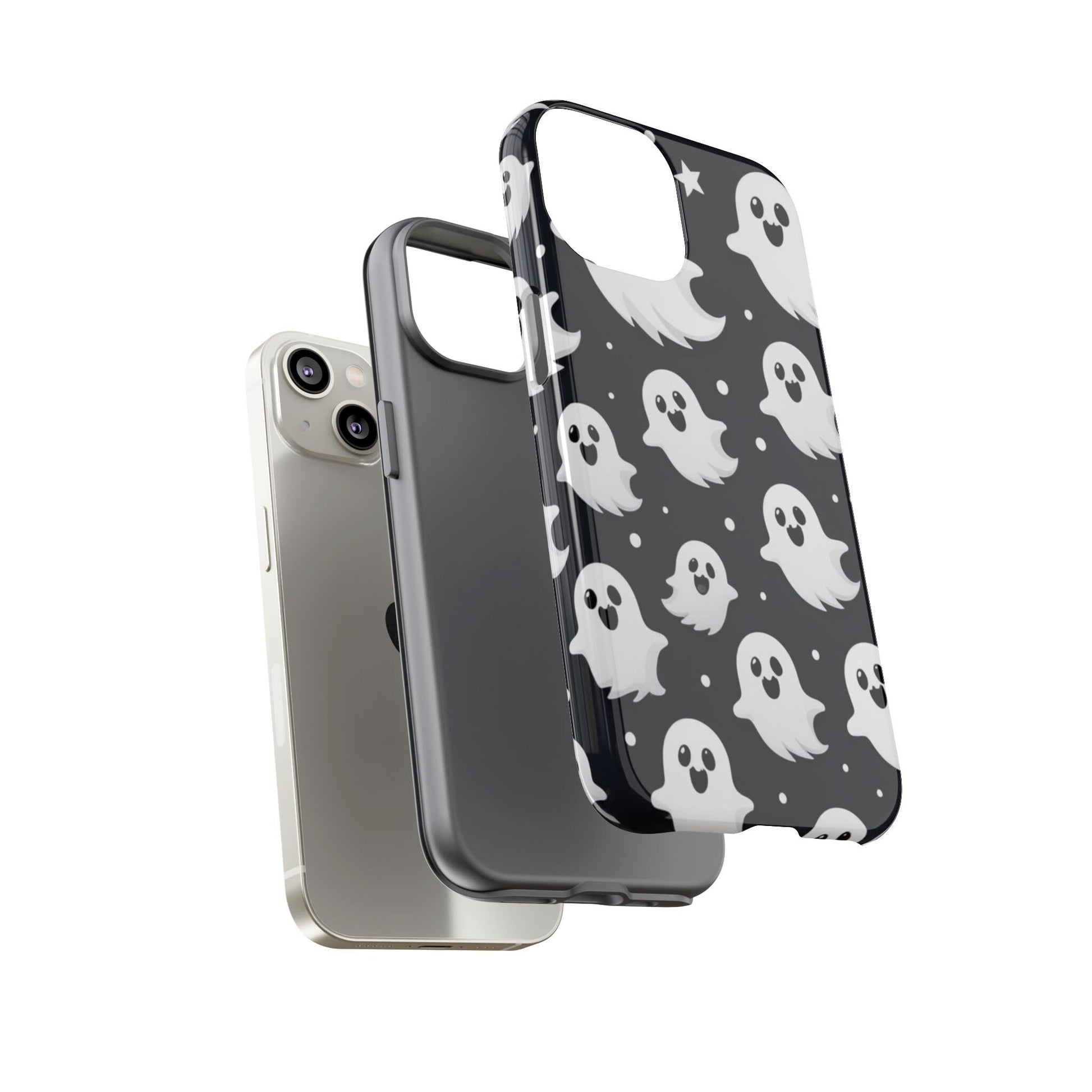 Displayed next to a white smartphone are two phone cases: a clear one and the "Cute Little Ghosts Phone Case, Happy Halloween Gift For Halloween Lover." These protective cases offer the perfect Halloween gift for anyone wanting to add a spooky yet adorable touch to their tech accessories.