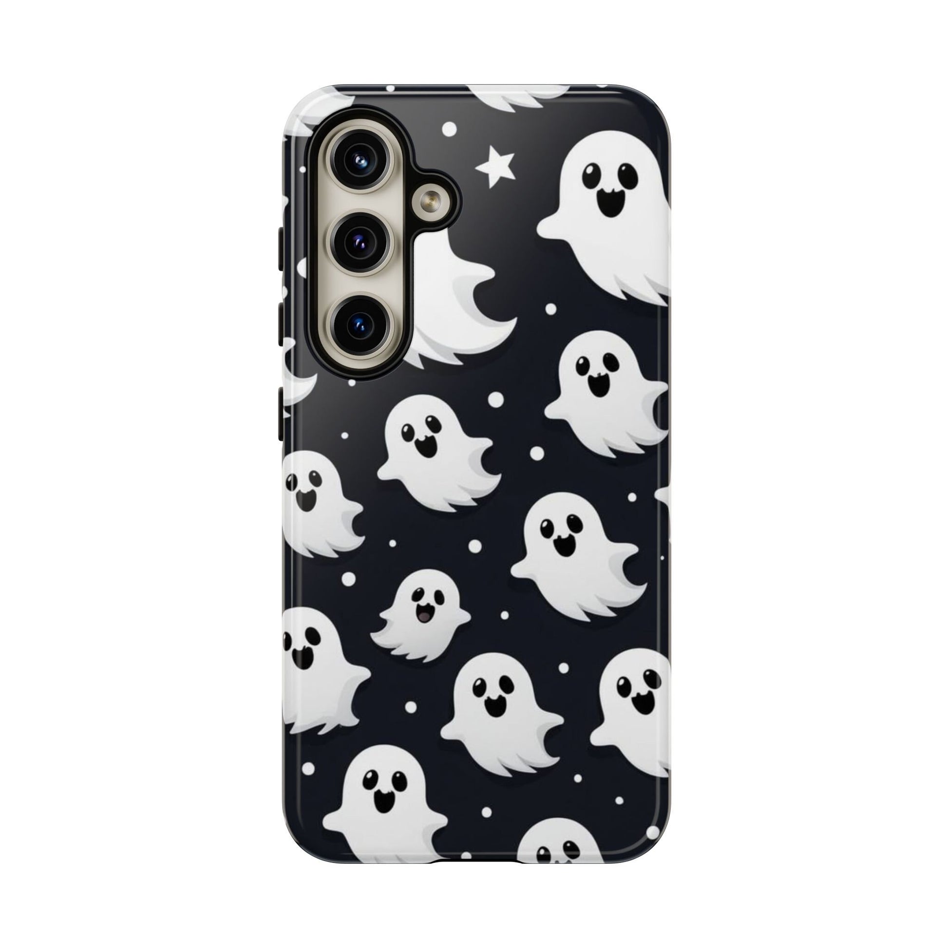 The Cute Little Ghosts Phone Case is an ideal Halloween gift, showcasing a black background decorated with adorable cartoon ghosts and twinkling stars. Perfect for fans of anything spooky yet charming, it's compatible with iPhone 15, 14, 13, Samsung Galaxy, and Pixel models.