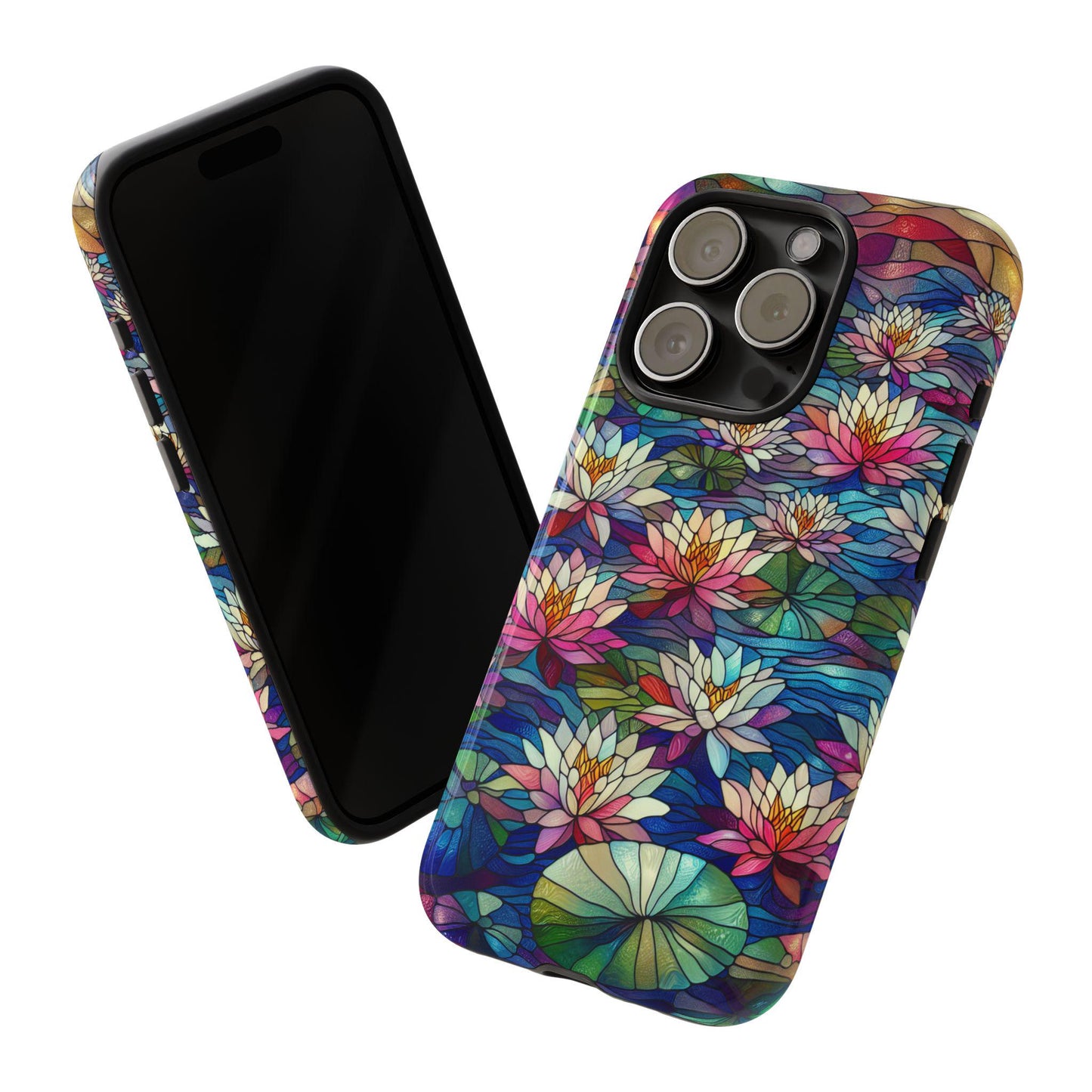 Two smartphones adorned with July Birth Flower Water Lily Wildflower Stained Glass phone cases; one elegantly reveals the intricate lotus pattern on the back, while the other showcases its vibrant front display.