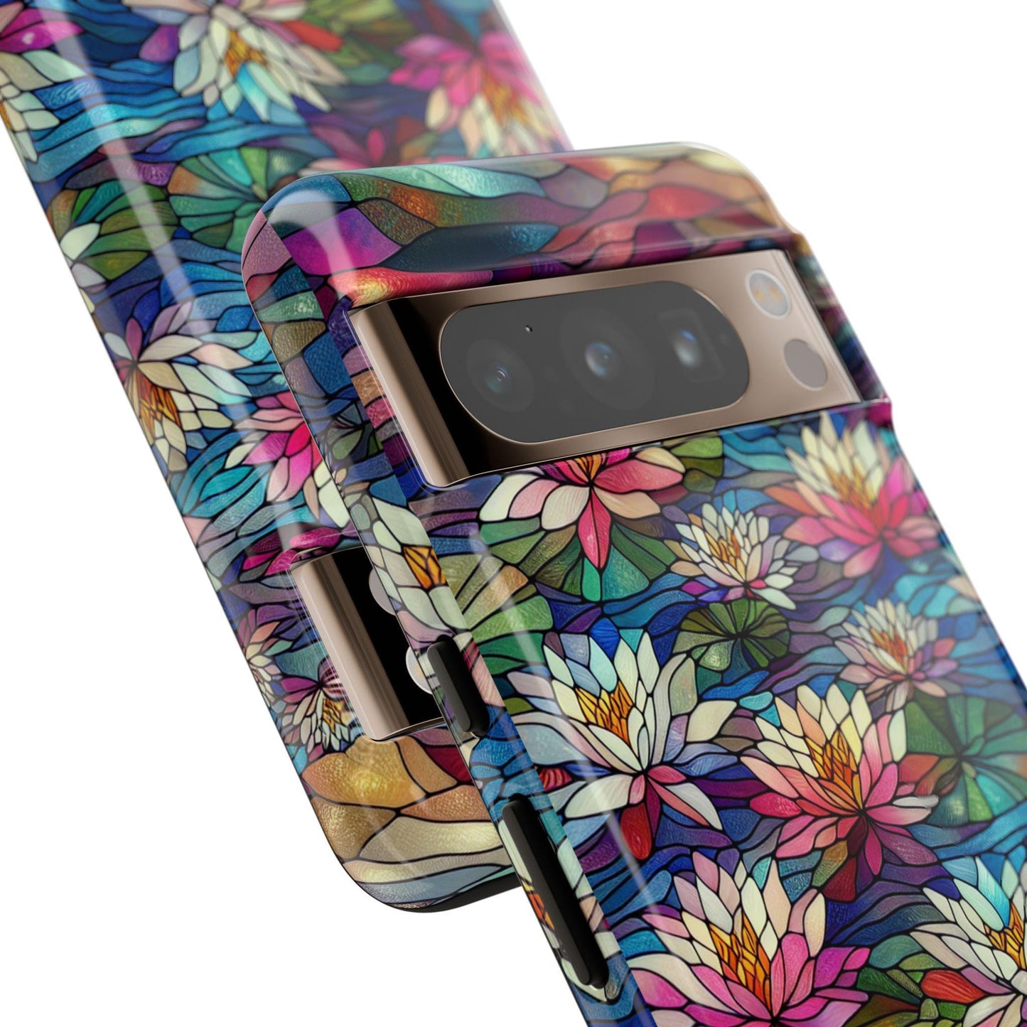 Two smartphones adorned with vibrant cases featuring a water lily stained glass floral pattern, highlighting the camera lenses.