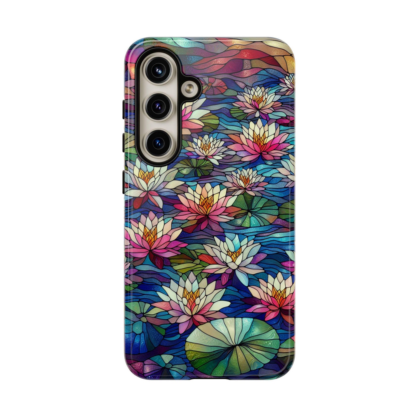 A smartphone embellished with the July Birth Flower Water Lily Wildflower Stained Glass Phone Case, featuring a beautiful design of lotus flowers and leaves in a stained glass style.