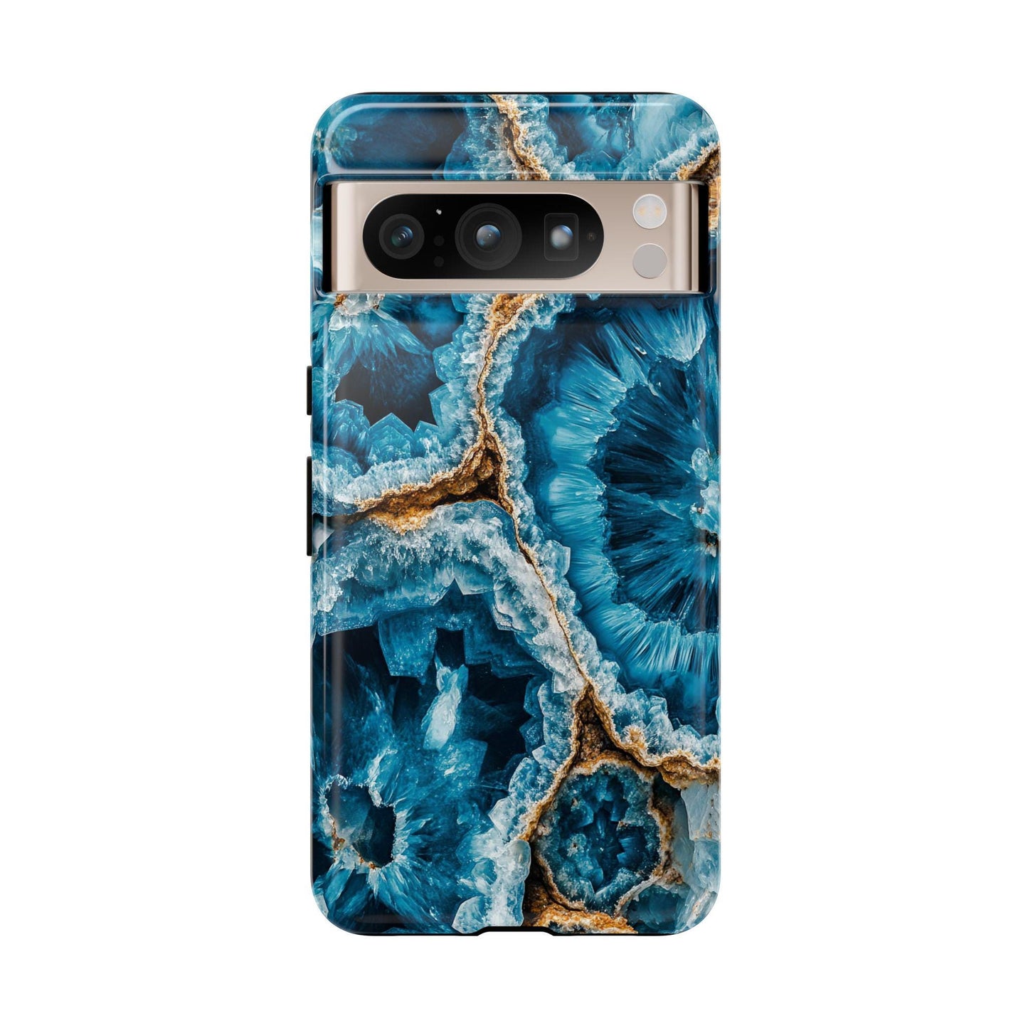 This phone case, perfect for aquamarine enthusiasts, features a captivating blue agate pattern with circular aquamarine crystal designs and beige accents, beautifully capturing the serene charm of a March birthstone.