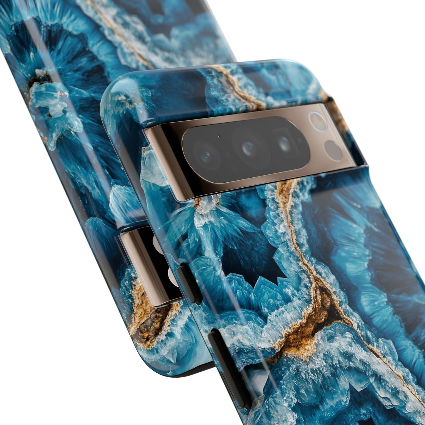 The March Birthstone Aquamarine Crystal Geode Design Phone Case, available for iPhone 15, 14, 13, Samsung, and Google Pixel models, features a mesmerizing blue and brown agate pattern that resembles an aquamarine geode. Each case includes precise cutouts for the camera and buttons, capturing the elegance of a gemstone-inspired phone case for aquamarine enthusiasts.