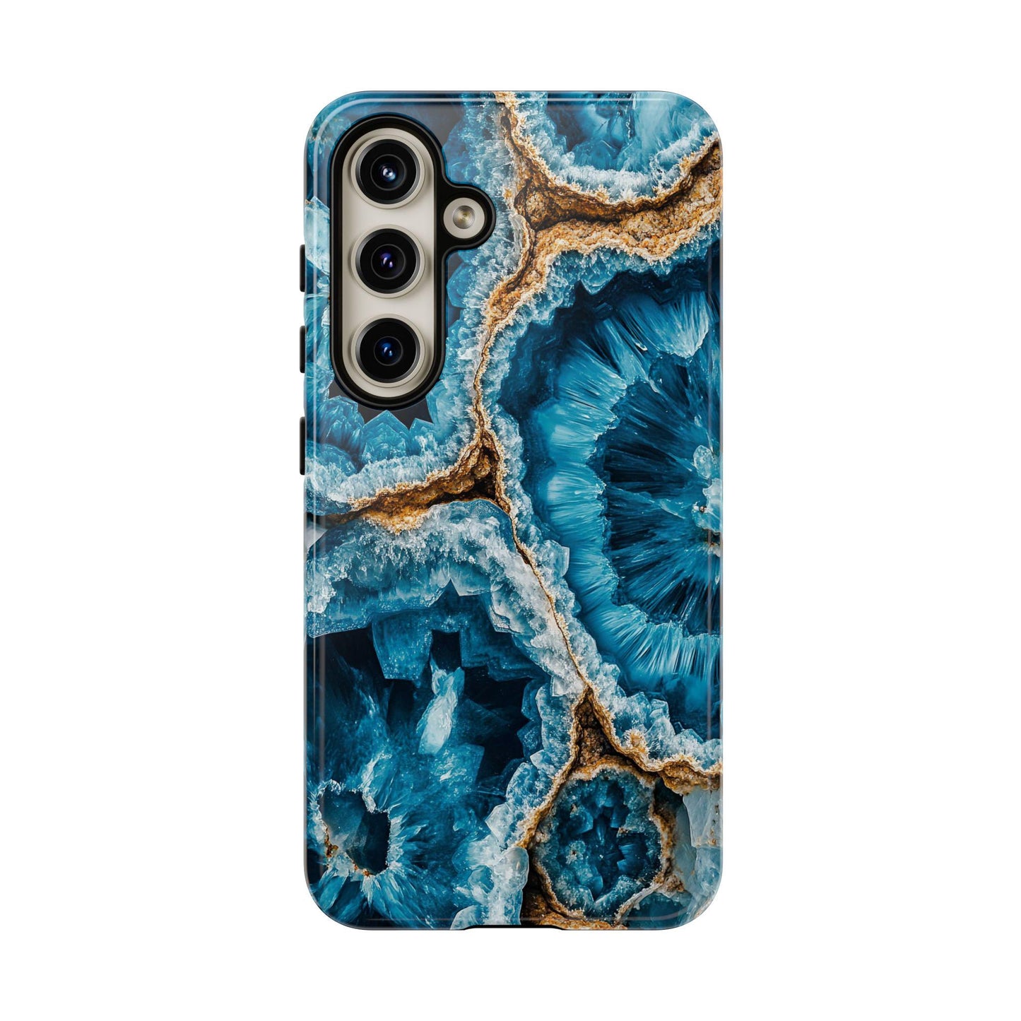 Discover the charm of a March Birthstone Aquamarine Crystal Geode Design Phone Case, boasting a design that captures the essence of blue geode slices with detailed crystal patterns and earthy brown accents around the edges.