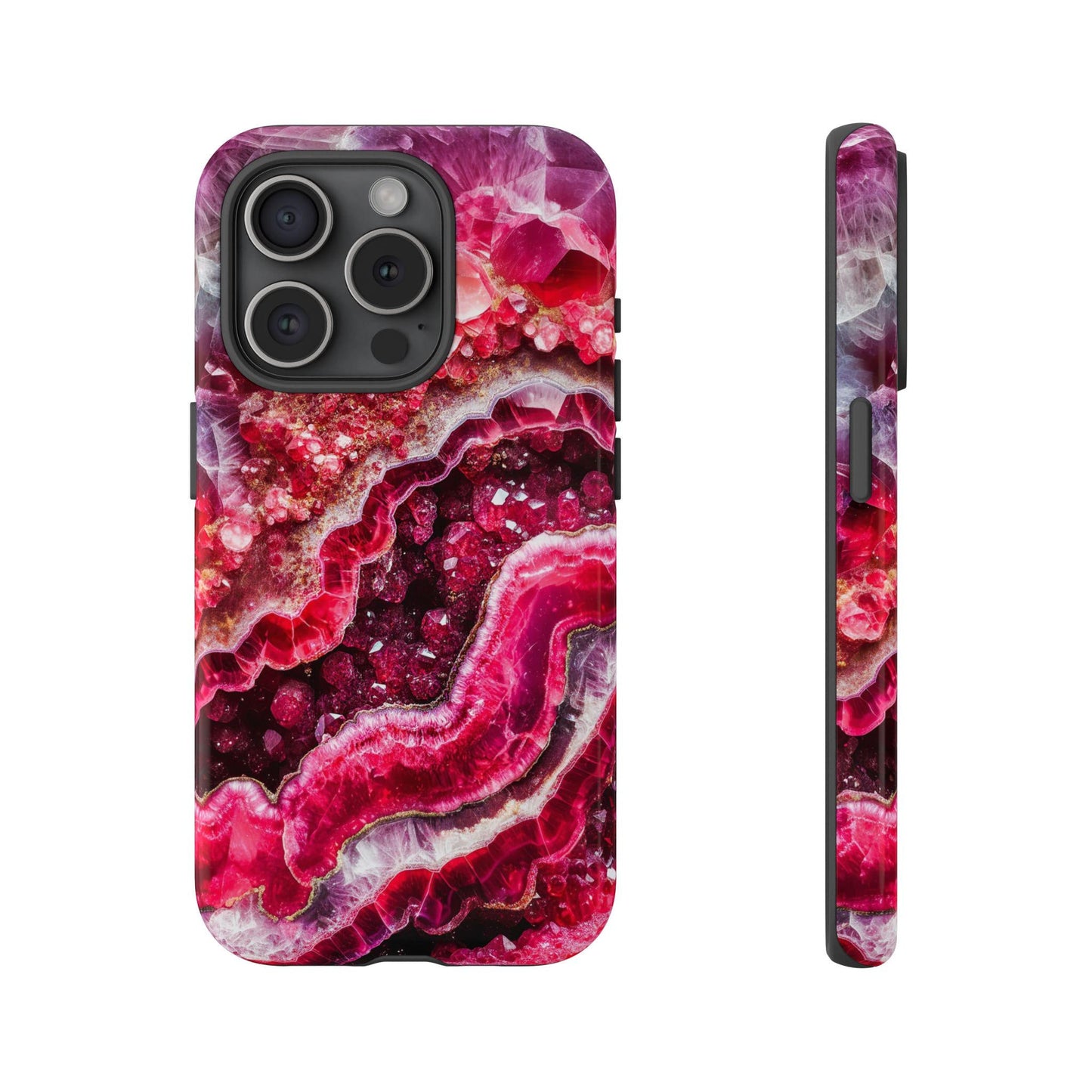 Front view and side view of an iphone 15 Pro July Birthstone Ruby Crystal Geode Design Phone Case featuring intricate crystalline structures in rich hues of purples, pinks, and reds, capturing the mesmerizing beauty of natural minerals.