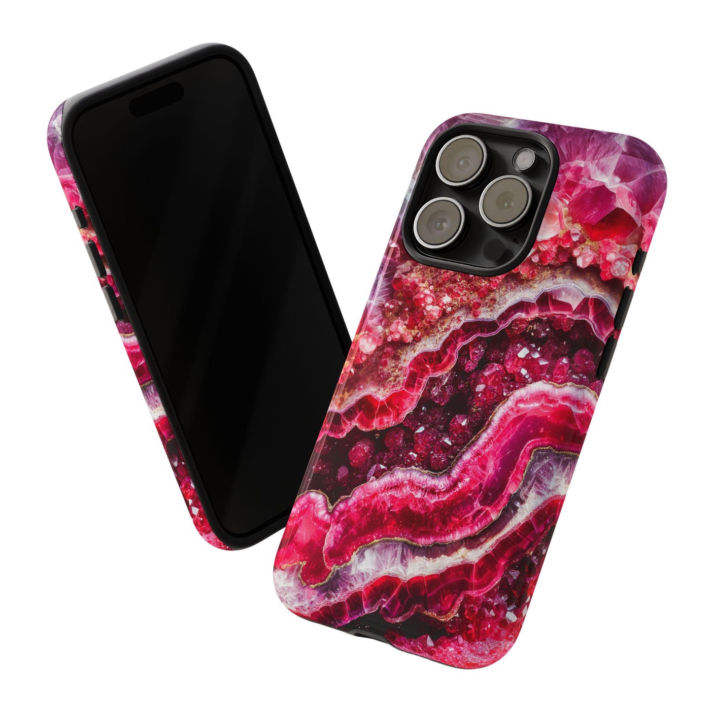 Two smartphones featuring the July Birthstone Ruby Crystal Geode Design Phone Case. One phone displays the intricate ruby design on the back, while the other shows off its front screen.