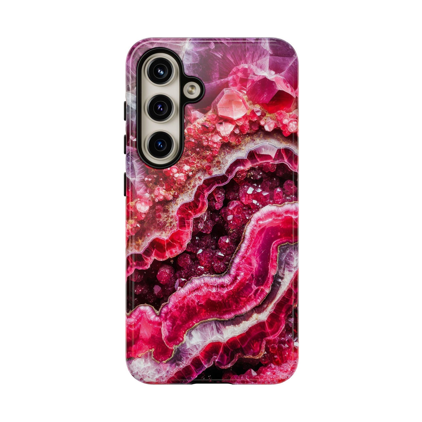 The July Birthstone Ruby Crystal Geode Design Phone Case for iPhone 15 boasts a captivating close-up design, highlighting intricate ruby crystal geode patterns with red and pink layers and crystal-like textures.